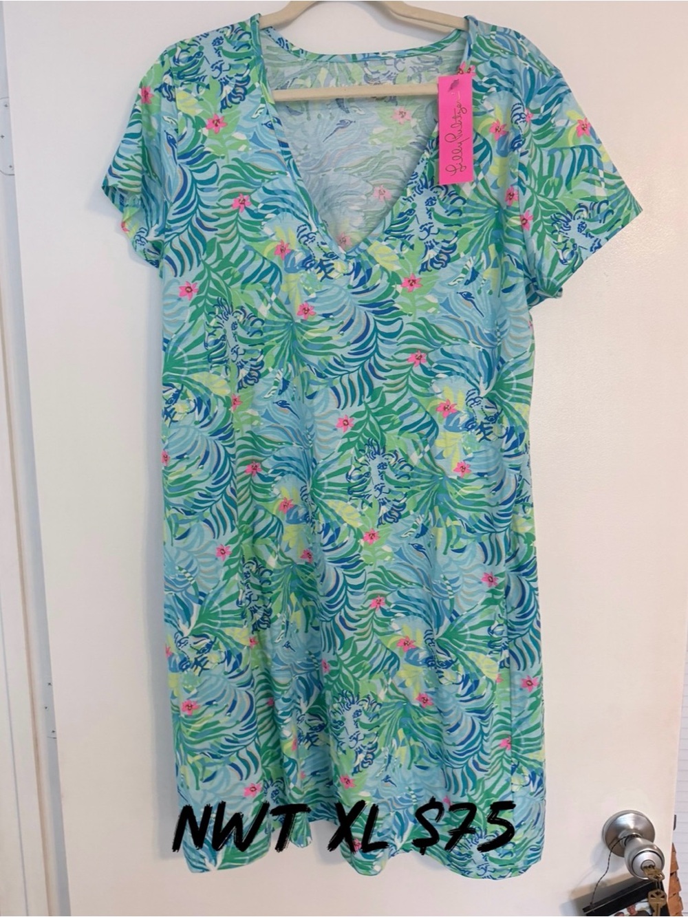 Lilly Pulitzer Aqua, Lime & Pink Tropical V-Neck Mini Dress